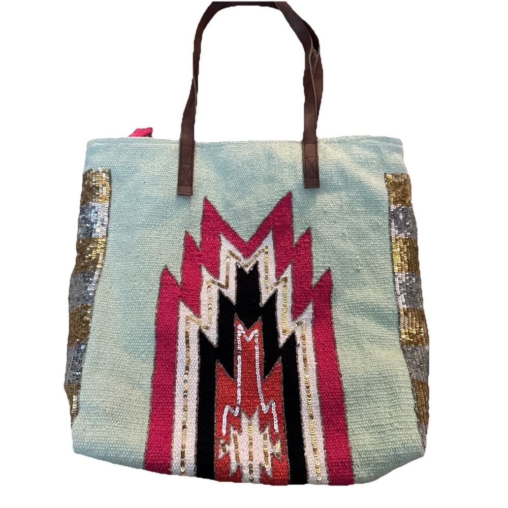 Embellished Woven Tote America And Beyond Sequined Mint  Fabric
